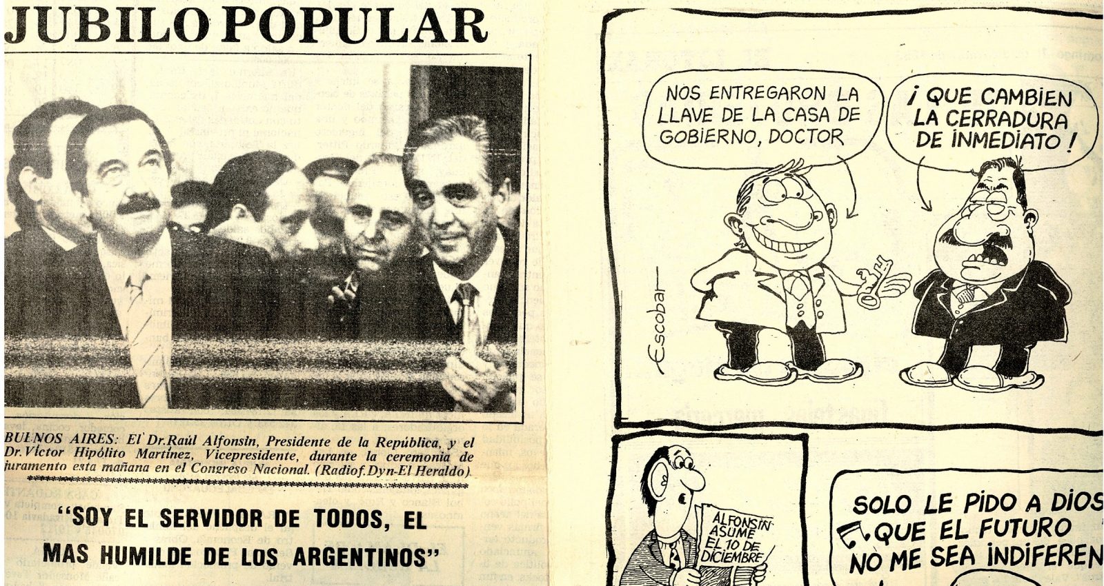 Las repercusiones de la asunción presidencial de 1983 y una cuota de humor, reflejadas por el diario El Heraldo de Concordia.