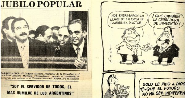 Las repercusiones de la asunción presidencial de 1983 y una cuota de humor, reflejadas por el diario El Heraldo de Concordia.