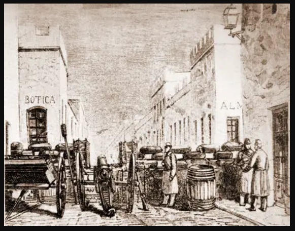 Un dibujo de época, publicado en el periódico El Americano, expone el emplazamiento de una batería en una calle céntrica de Paraná, durante el levantamiento jordanista de 1873.