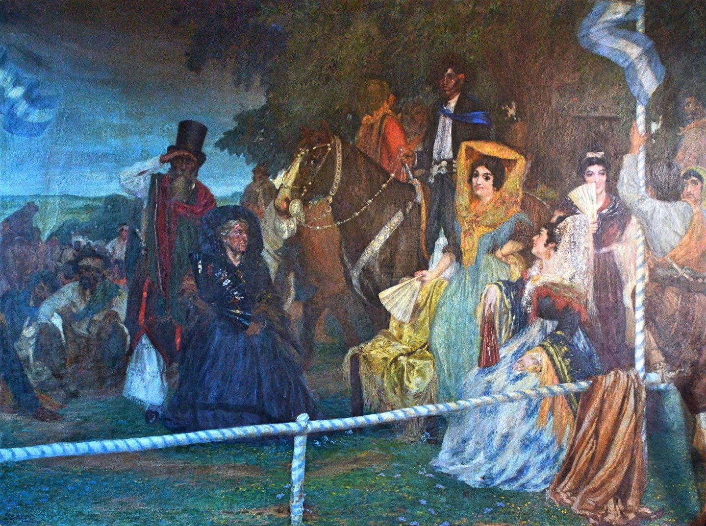 Las celebraciones patrias -como la reflejada en esa pintura de Quirós- era motivo de encuentro para la población, que recordaba la jornada con juegos tradicionales como la carrera de sortija.